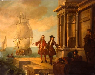 Europa - Comerciantes europeus com estivadores que manuseiam um barril e um fardo em um cais, 1724