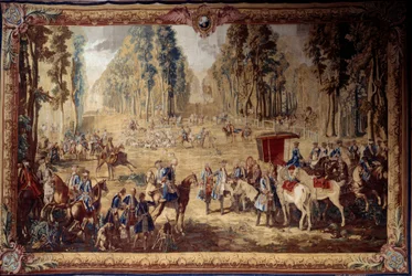 Pendurado retratando as caçadas de Luís XVI: o encontro no cruzamento do poço do Rei na floresta de Compiegne. Tapeçaria de Jean Baptiste Oudry (1686-1755) 1737 Sol. 4,3x6,55 m Compiegne, musee national du chateau