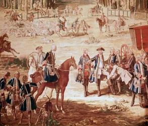 Caça a Luís XV Rei Luís XV caça na floresta de Compiegne (A Caça a Luís XV - Tapeçaria) o início da matilha Detalhe - Tapeçaria por Jean Baptiste Oudry (1686-1755)