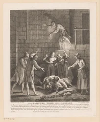 Homem valt bovenop een geit La Rapinière cai sobre a cabra (título no objeto) Cenas de Roman Comique van Scarron (título da série)