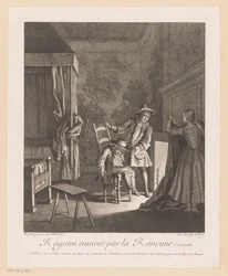 Ragotin bêbado em uma cadeira perto do fogo Ragotin ennivré par la rancune (título no objeto) Cenas de Roman Comique de Scarron (título da série)
