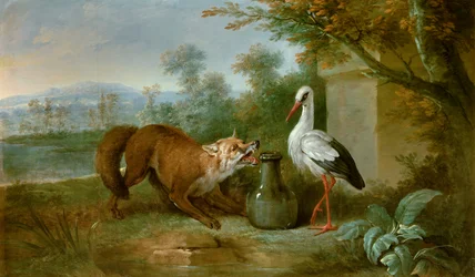 A raposa e a cegonha. Ilustração para a fábula de Jean de La Fontaine. Pintura de Jean-Baptiste Oudry (1686-1755), 1751. Metz, Museu de Belas-Artes