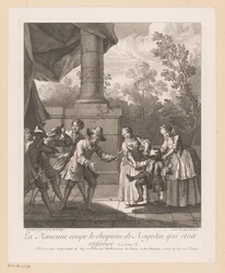 Trabalho feito por hoed van Ragotin La Rancune corta o chapéu de Ragotin (título do objeto) Cenas de Roman Comique van Scarron (título da série)