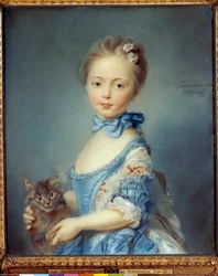 Retrato da Menina com Pintura de Gato em Pastel de Jean-Baptiste Perroneau (Jean Baptiste Perronneau) (1715-1783)