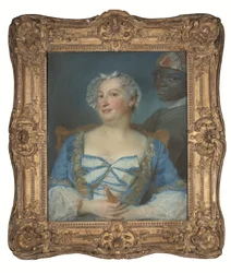 Retrato de uma mulher de vestido azul e do seu criado negro