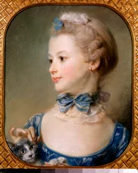 Retrato de uma menina com um gato - A menina tem uma fita e um véu leve no pescoço com um nó e acaricia a cabeça de um gato com a ponta dos dedos - Pintura em pastel de Jean-Baptiste Perroneau (Jean Baptiste Perronneau) (1715-1783) 18 cêntimos