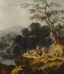 Uma paisagem do vale do rio com pastores e viajantes