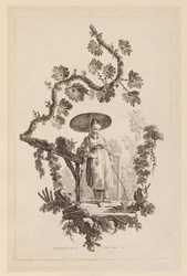Figura com guarda-sol sob o galho
