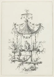 Composição ornamental em estilo chinoiserie Desenhos ornamentais em estilo chinoiserie para Deuxième Cahier de six Baraques Chinoises (título da série)