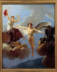 La Liberte ou la Mort Allegorie de la Liberte à esquerda, coberto pelo Diademe de la Reason, património da Siecle des Lumieres. Com a mão esquerda, ela empunha a praça e o fio condutor, simbolizando a igualdade na cidadania. Ele encarna os valores do t