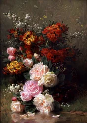 Flores de verão (incluindo rosas e gerânios). Pintura de Jean Baptiste Robie (1821-1910) Coleção particular.