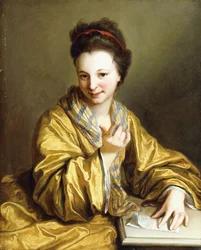 Uma jovem, vestindo uma túnica amarela, sentada à mesa, acenando, 1703