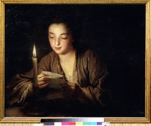 Rapariga com uma vela. Pintura de Jean Baptiste Santerre (1658-1717). Óleo sobre tela, 64 x 79 cm, ca. 1700. A arte francesa do século XVIII. Pushkin Museum of Fine Arts, Moscovo.