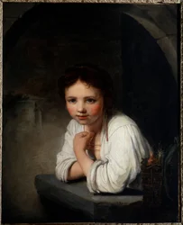 Retrato de uma Menina na Janela Pintura de Jean Baptiste Santerre (1651-1717) Século XVIII Orleans musee des Beaux Arts