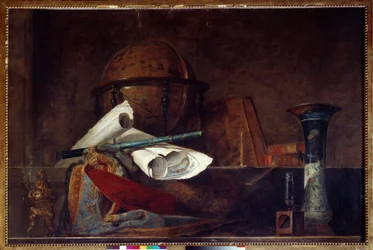 Alegoria da ciência Natureza morta, globo terrestre, mapas geográficos, livros e vasos. Pintura de Jean Baptiste Simeon Chardin (1699-1779) Paris do século XVIII, Musee Jacquemart Andre