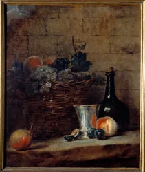 Cesto de uvas brancas e pretas, copo de prata e garrafa Pintura de Jean Baptiste Simeon Chardin (1699-1779) Sol do século XVIII. 0,69x0,58 m