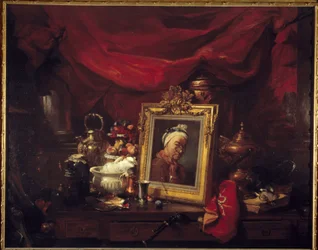 Chardin e os seus modelos. Tabela em um array (abyme). Um quadro representando Jean Baptiste Simeon Chardin (1699-1779) rodeia naturezas mortas. Pintura de Philippe Rousseau (1816-1887) 1867 Sol. 1,77x2,26 m Paris, musee d