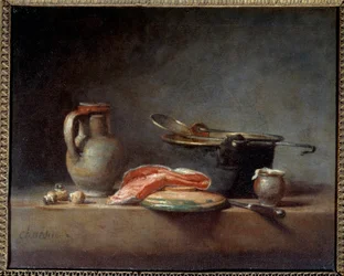Panela de cobre, escumadeira, jarro e fatia de salmão. Natureza morta. Jean Baptiste Simeon Chardin (1699 - 1779)