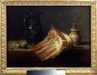 Mesa de cozinha e utensílios com uma praça de ovelhas. Pintura por Jean Baptiste Simeon Chardin