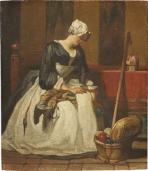 La brodeuse - A Bordadeira, de Chardin, Jean Baptiste Simeon (1699-1779). Óleo sobre madeira. Dimensão : 19x16,5 cm. Nationalmuseum Stockholm