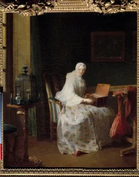 La serinette ou dame variante ses diversões Pintura de Jean Baptiste Simeon Chardin (1699-1779) Século XVIII Sol. 0,50 x 0,43 m