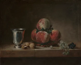 Natureza morta com pêssegos, um cálice de prata, uvas e nozes, c.1759-60 (óleo sobre tela)