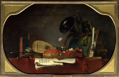 Os atributos da música Still Life com partitura, violino, mandore, musette de corte, flauta traversa, trompa e trompete. Pintura de Jean Baptiste Simeon Chardin (1699-1779) 1765 Sol. 0,91 x 1,45 m Paris, Musee du Louvre.