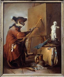 O macaco pintor. Representação de um macaco na postura do homem. Pintura de Jean Baptiste Simeon Chardin (1699-1779)