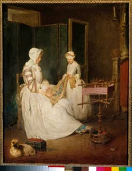 A mãe trabalhadora Uma mãe ajudada pela sua filha bordando e usando um chedder. Pintura de Jean Baptiste Simeon Chardin (1699-1779) Sol do século XVIII. 0,4x0,39 m