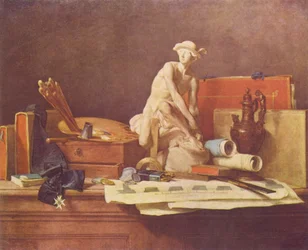 Francês:  Nature morte avec des attributs des Arts Natureza morta com atributos das artes Natureza morta com atributos das artes