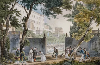 Uma vila: cena de encontro da nobreza - gravura de João Baptista (Jean-Baptiste) Thomas (1791-1833), cerca de 1820