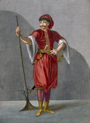 Um soldado albanês, prancha 78 de «Coleção de cem gravuras representando as diferentes nações do Levante» de Charles de Ferriol, gravada por Gérard Scotin (1671-1716), 1707-08