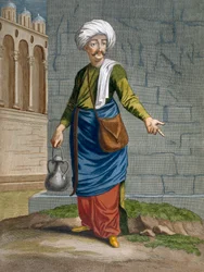 Um barbeiro ambulante, prancha 58 da «Coleção de cem gravuras representando as diferentes nações do Levante» de Charles de Ferriol, gravada por Gerard Scotin (1671-1716), 1707-08