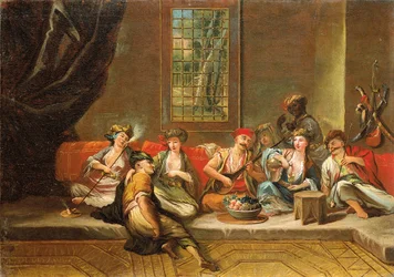 Marinheiros gregos merrymaking em um interior