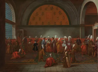 A Refeição em Honra do Embaixador Cornelis Calkoen
A refeição apresentada ao Embaixador Cornelis Calkoen pelo Grande Vizier em nome do Sultão Ahmed III, 14 de Setembro de 1727