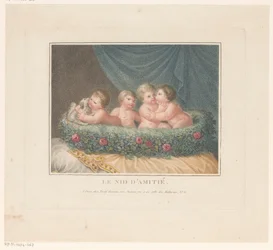 Quatro putti com um cão num cesto de rosas sobre uma almofada
Le Nid d
