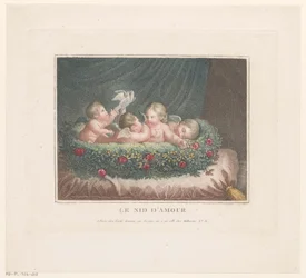 Quatro putti com duas pombas em uma cesta de rosas em um travesseiro Le Nid d