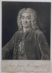 Retrato de John James Heidegger (1666-1749), empresário suíço em Londres, gravado por John Faber (1684-1756), 1749