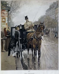 Mulher elegante numa carruagem em Paris: "Nós retornados" - ilustração de Jean BERAUD (1849 - 1935), final do século XIX.