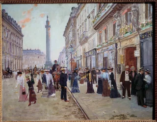 Saída dos trabalhadores da paquin house rue de la Paix (Place Vendome com a coluna). Pintura de Jean Beraud (1849-1935) 1905 Sol. 0,42x0,55 m. Paris, Musee Carnavalet