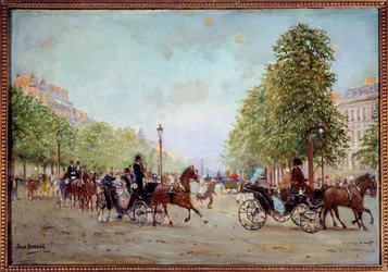 La promenade aux Champs-Elysees Pintura de Jean Beraud (1849-1935) do século XIX. Dim 0,38 x 0,55 m Paris, Musee Carnavalet