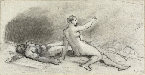 Mulher nua sentada com homem nu adormecido (recto); torso feminino visto de costas (verso)