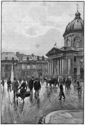 A cena parisiense no século XIX: a margem esquerda com o Institut de France. Gravura de Florian a partir da pintura de Beraud. Final do século XIX. Em "As capitais do mundo": Paris".