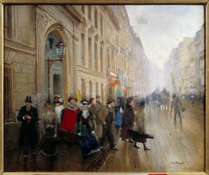 A saída do conservatório na rue du Faubourg fishonniere. Pintura de Jean Beraud (1849-1935) Século XIX. Dim. 0,46x0,55m. Paris, Musee Carnavalet