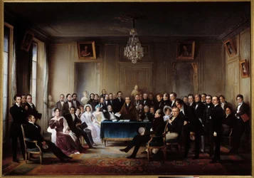 O poeta e dramaturgo François Guillaume Andrieux lendo sua tragédia Junius Brutus "no foyer da Comédia Francaise em 26/05/1828" Entre os presentes Alexandre Dumas, Pierre Nicolas Michelot, Jean Francois Becquerel, Firmin, Victor Hugo, Eugene