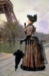 Mulher em frente da Torre Eiffel