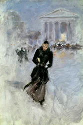 Jovem mulher elegante na jibóia da rue Royale em Paris Pintura de Jean Beraud (1849-1935) Tours do século XX, Musee des Beaux Arts