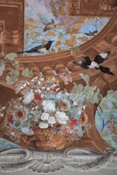Rebentos de videira, uvas, flores e pássaros, pormenor
