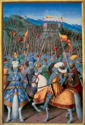 Guerras Italianas: o rei Luís XII (1462-1515) atacou Genes com as suas tropas em 1507. Miniatiure de "Le voyage dee Genes", de Jean Marot (1450-1526), recrutado por Jean Bourdichon (1457-1521) 1510 Paris, B.N.