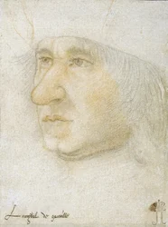 Retrato de Louis Malet de Graville (1438-1516), Almirante de França par Bourdichon, Jean (1457-1521). Giz preto e sangre sobre papel, tamanho : 16,9x12,7, Fim do 15º cen., Eremitério do Estado, São Petersburgo